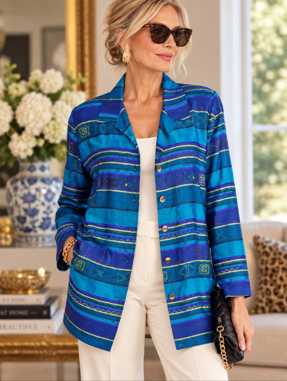 Vtg Vibrant Silk Artsy Teal & Royal Blue Striped Button-Up Jacket/Tunic Sz XL